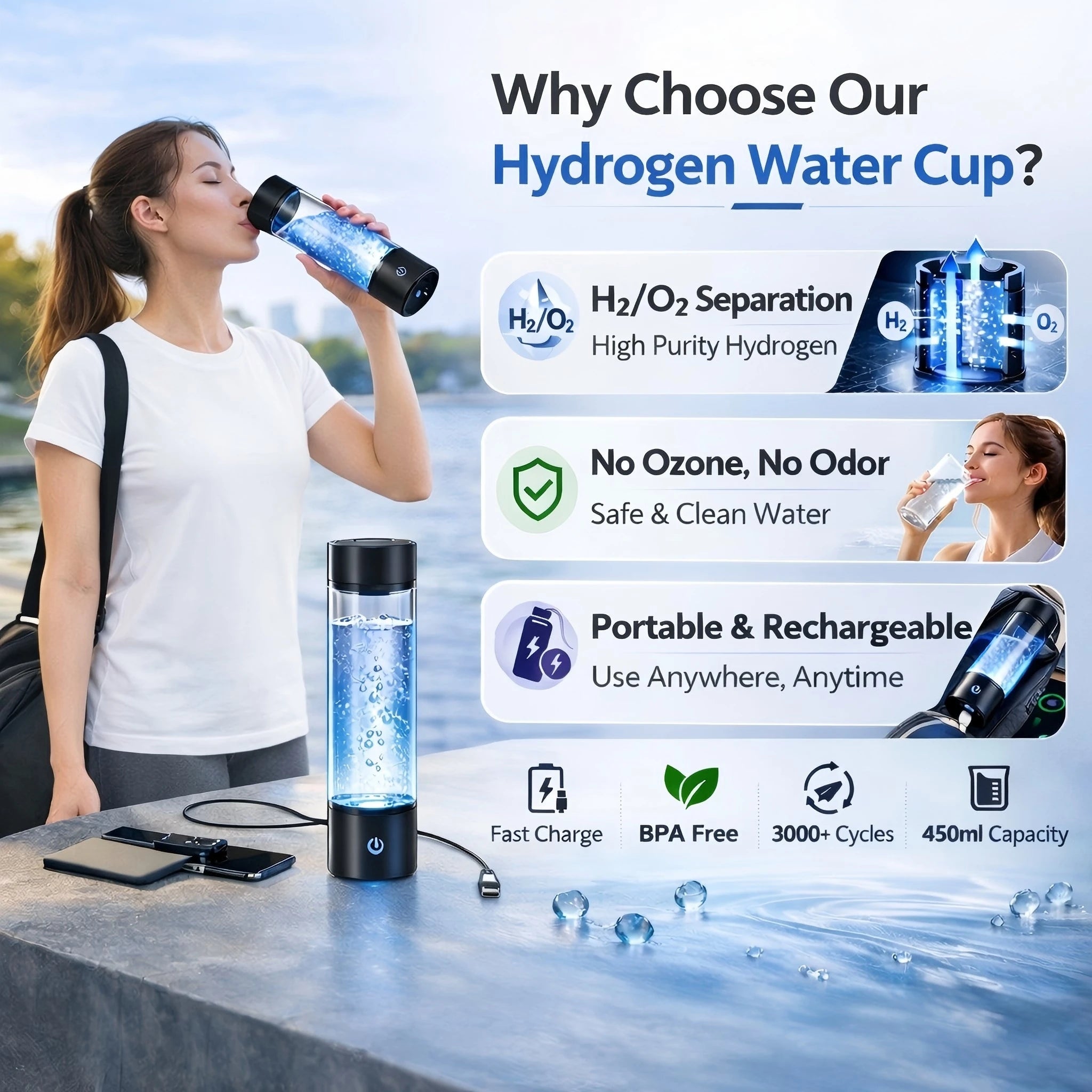Portable Hydrogen Water Generator Bottle — 12,000PPB Rechargeable Alkaline Ionizer Cup with SPE/PEM Technology