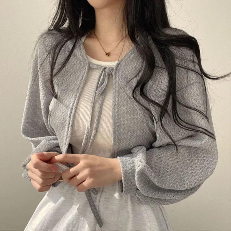 Women's Knitted Cardigan – Thin Lace-Up Lantern Sleeve Short Coat in White, Black & Gray