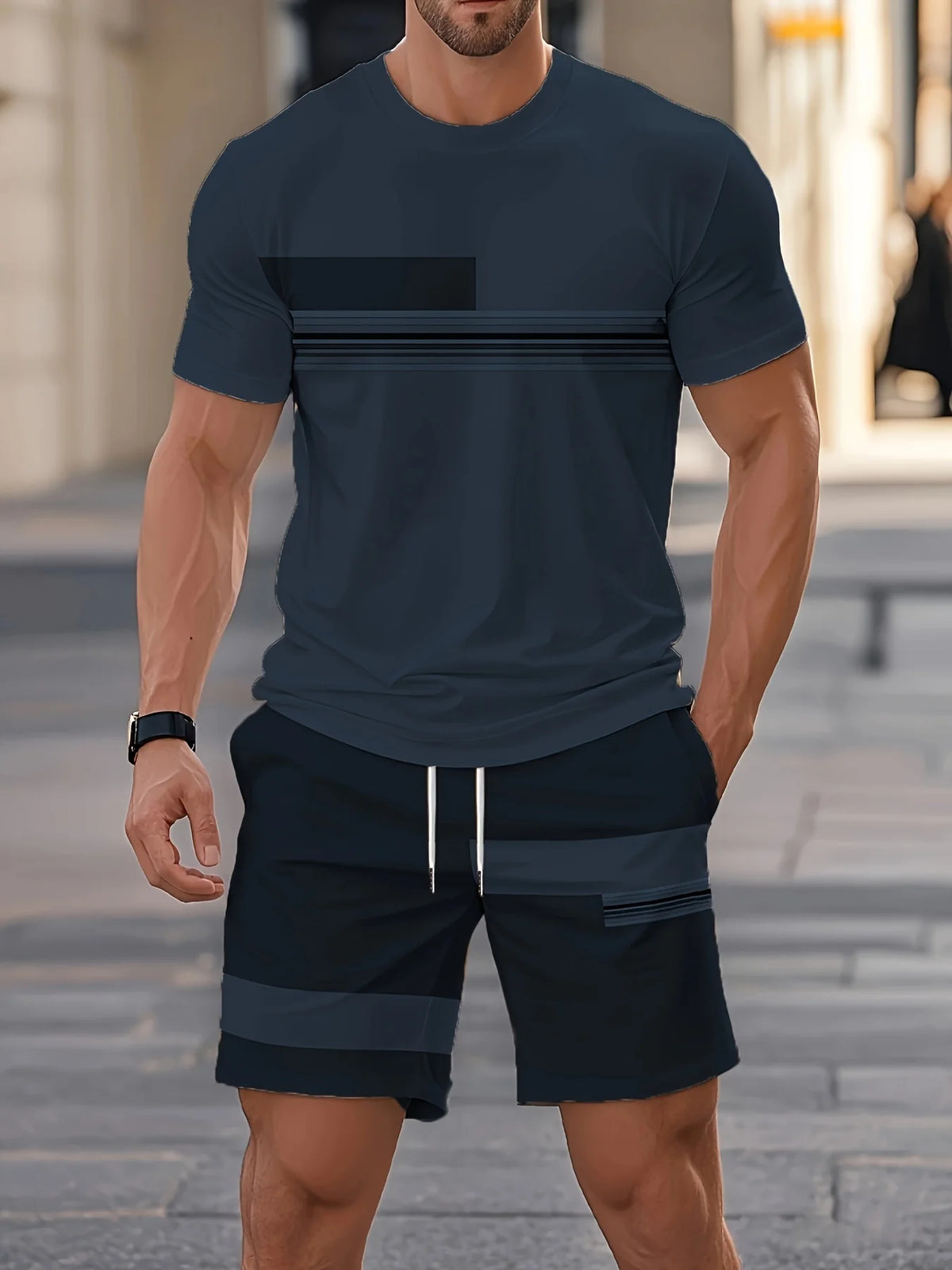Men's Striped Short Sleeve T-Shirt & Drawstring Shorts Outdoor Travel Set