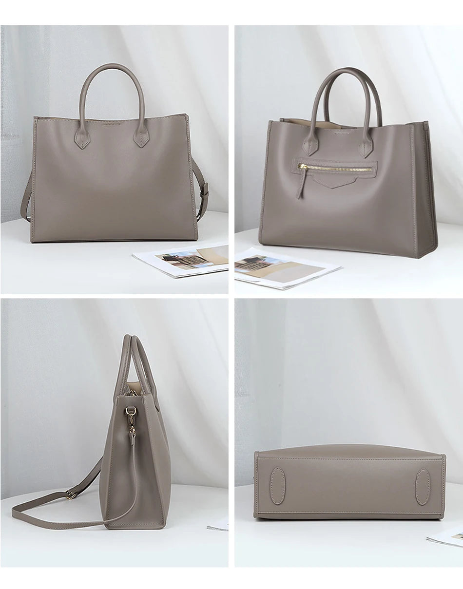 Luxury Cowhide Leather Tote Bag – Large Capacity Shoulder Bag with Laptop Compartment for Women
