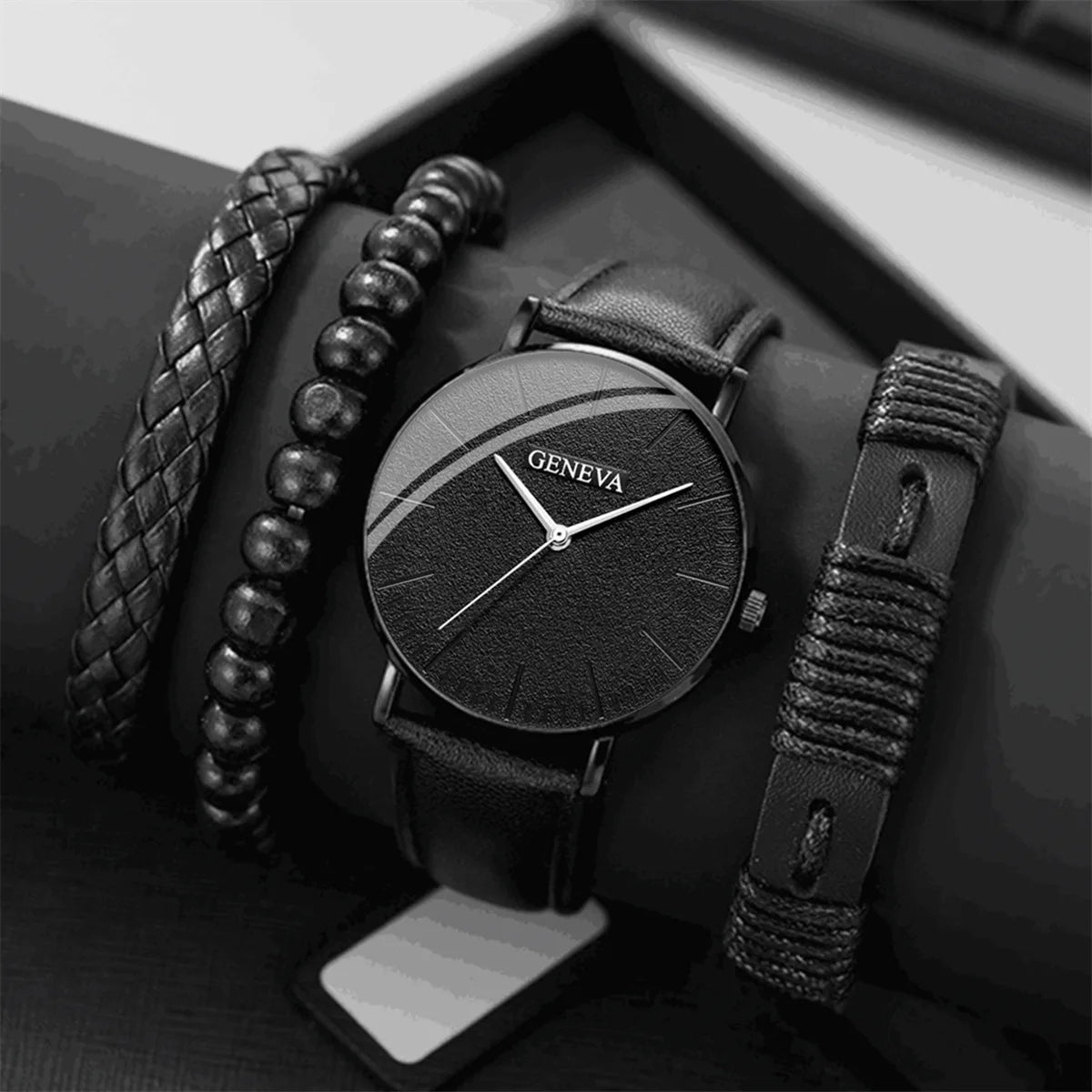 Men's Fashion Leather Quartz Watch & Bracelet Gift Set | Business Brown Wristwatch