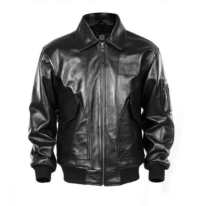 Men's Black Glossy Genuine Cowhide MA-1 Flight Jacket — Military Bomber with Point Collar
