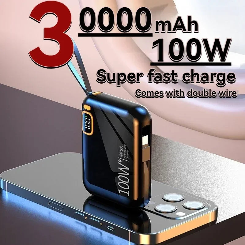 66W Portable Mini Power Bank 20000mAh – Built-in Cable, PD Fast Charging for iPhone & Android