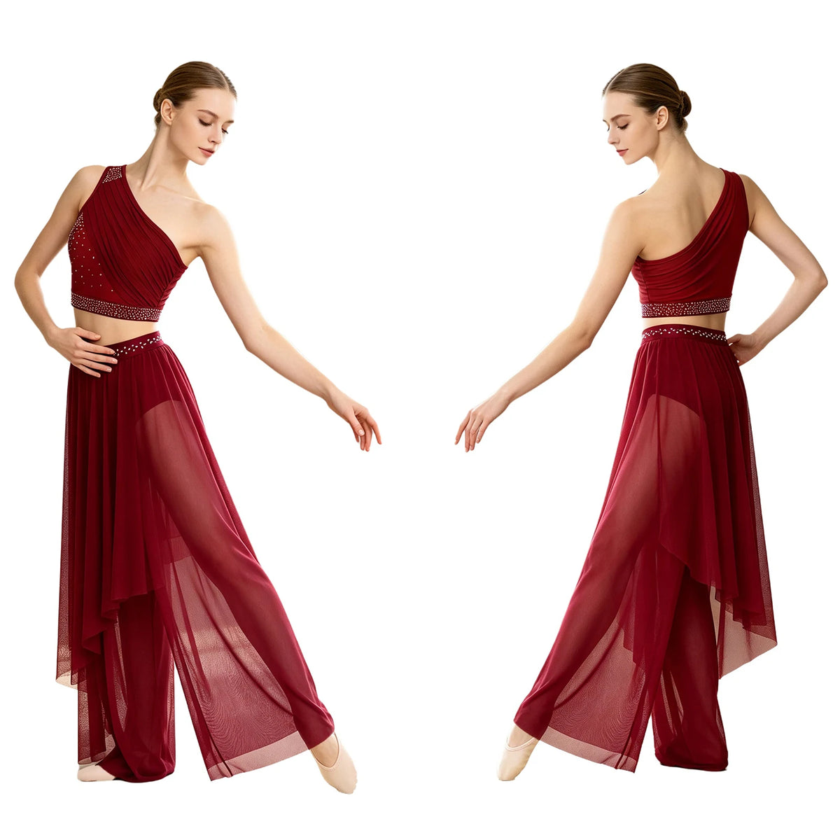 Women's Dance Performance Costume – Shiny Crop Top & Sheer Pants for Skating, Gymnastics & Ballet