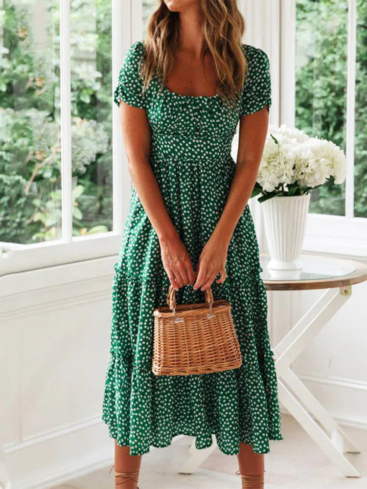 Women's Vintage Floral Puff Sleeve Maxi Beach Dress – Square Collar Casual Long Dress