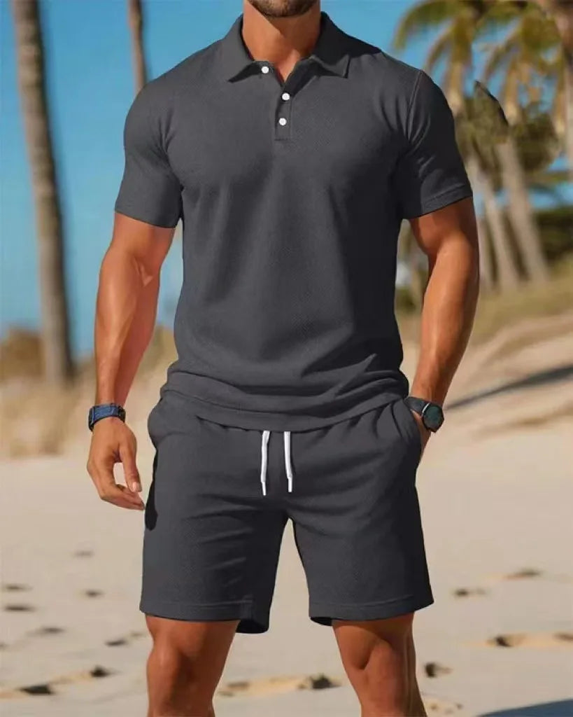 Men's Button-Down Polo Shirt & Breathable Mesh Shorts Set – Casual Versatile Summer Plus Size