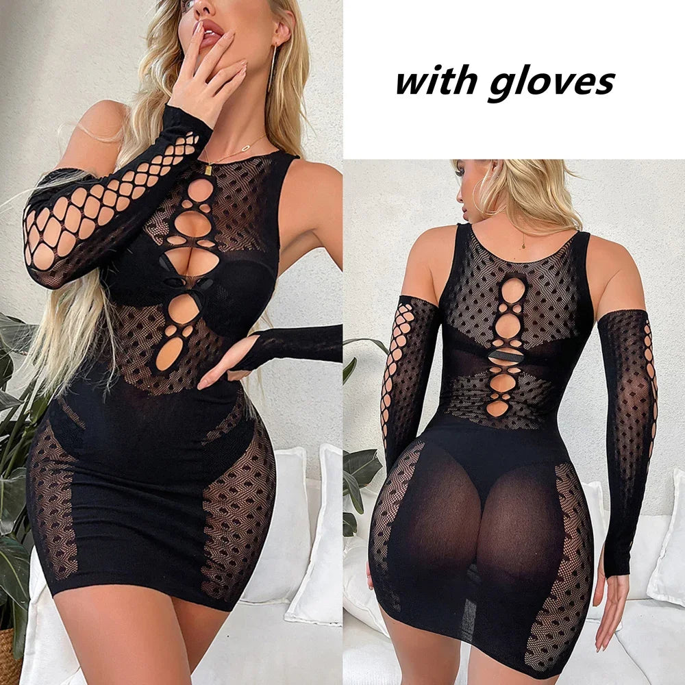 Hollow Out Lace Fishnet Sexy Nightdress – Lingerie Babydoll Mini Dress Beachwear Exotic Costume
