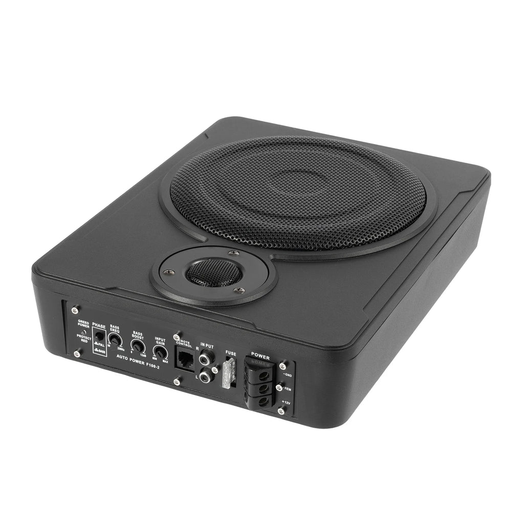 Black subwoofer with control panel on a white background
