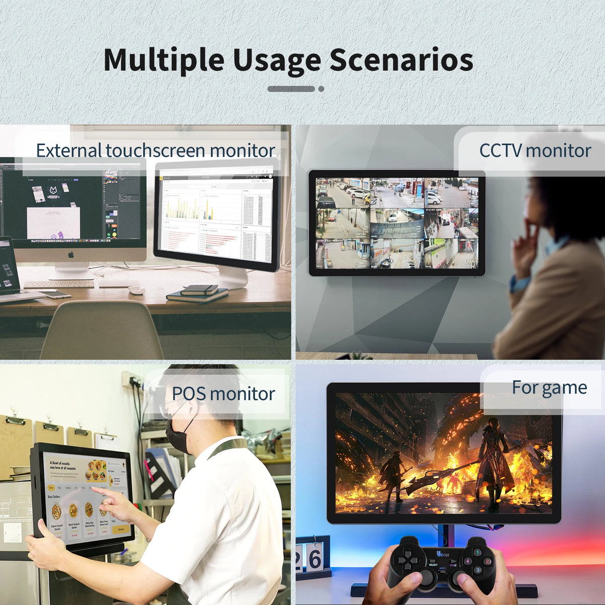 TouchWo Industrial All-in-One PC – 21.5"/27"/32" HDMI Touch, Android 11/12/14 or Win 10/11, Wi-Fi
