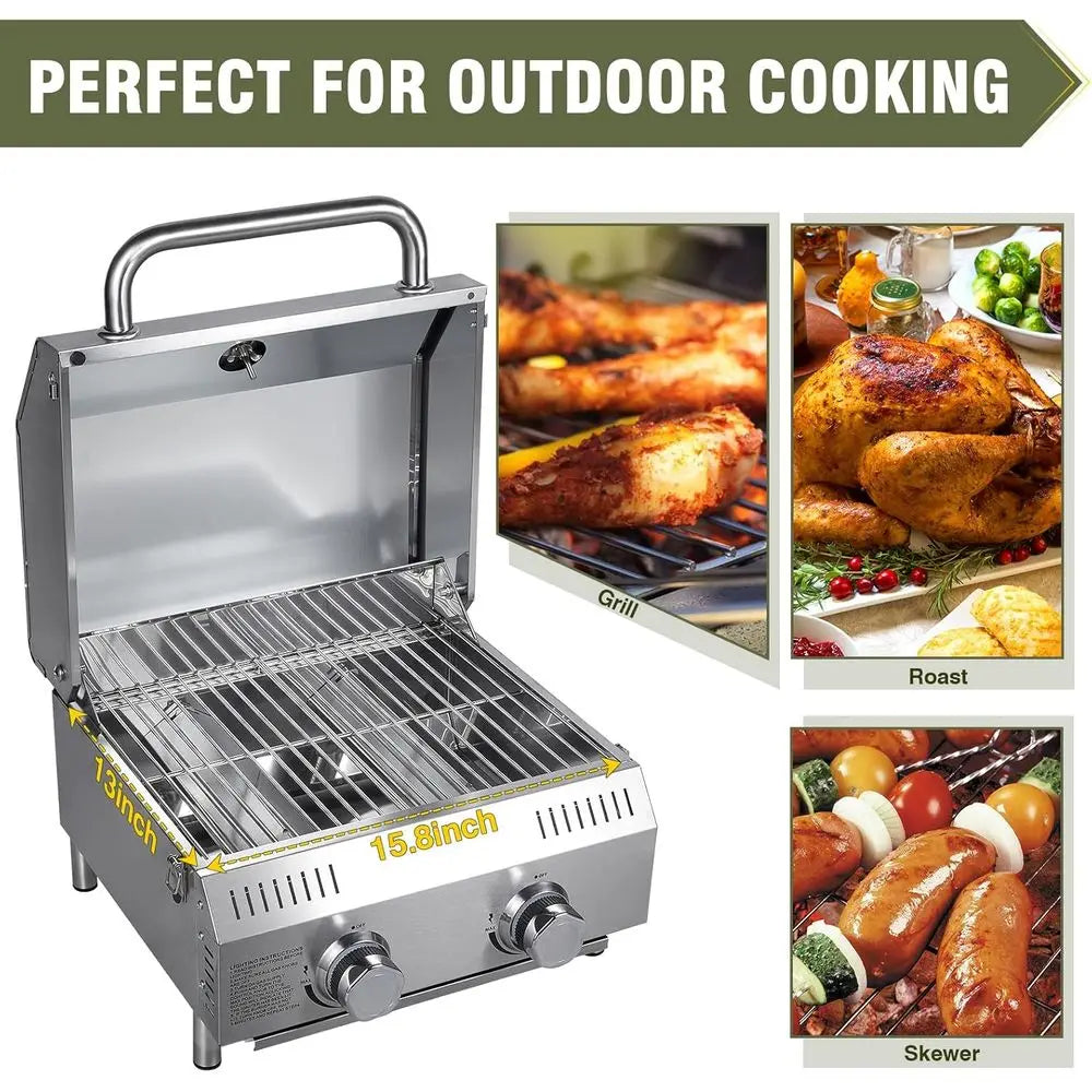 Portable 2-Burner Stainless Steel Propane Grill | 20,000 BTU, Push-Button Ignition, Built-In Thermometer, Outdoor, Camping & RV