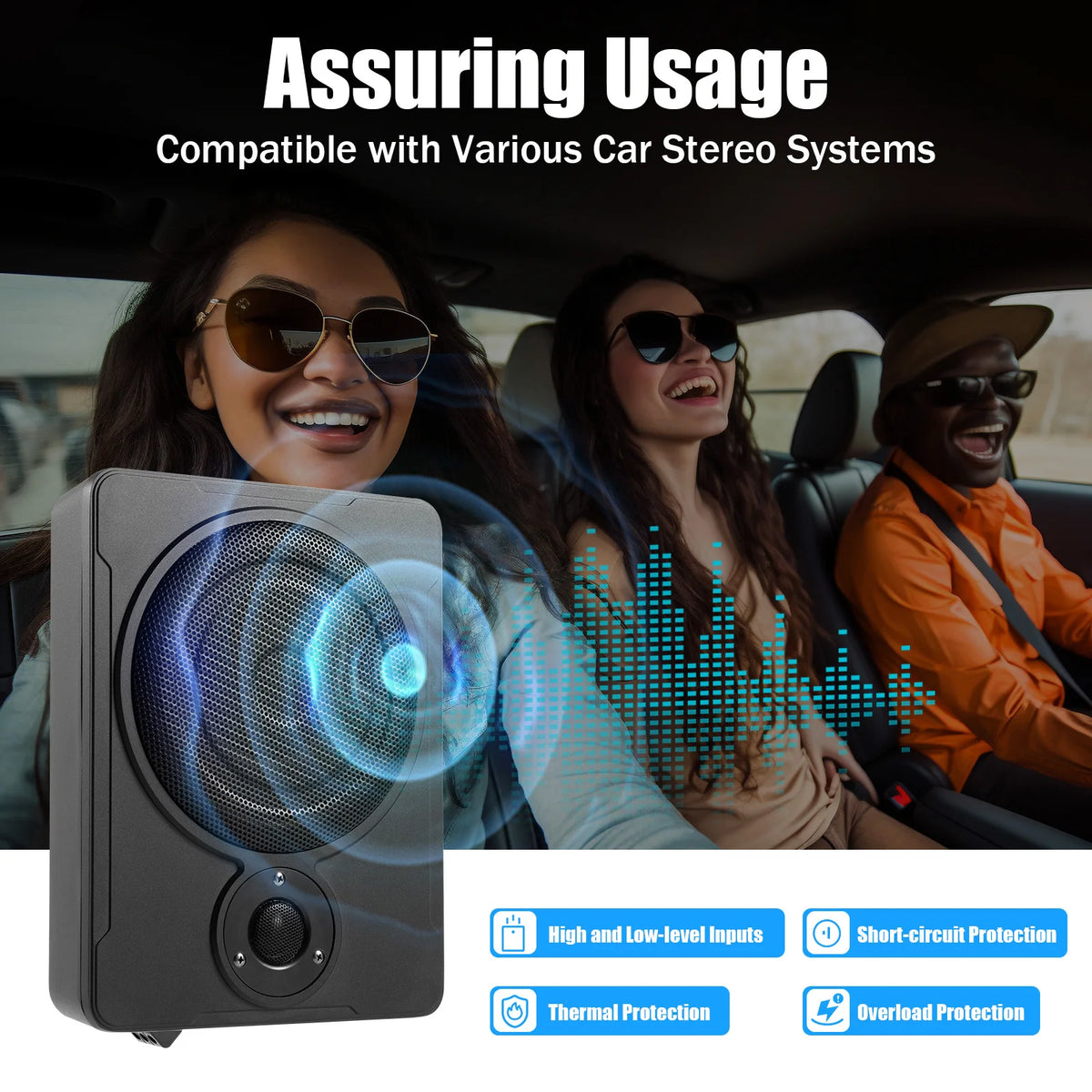 Car stereo system with people in a car enjoying music, featuring text about compatibility and safety features.