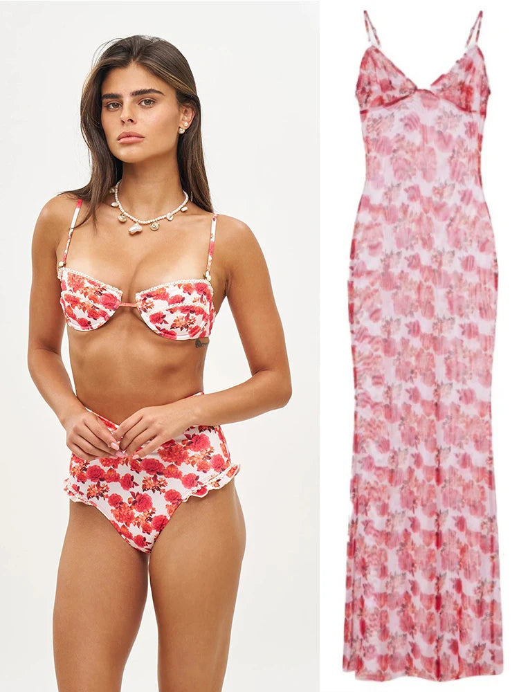 Long Dress Bikini Cover Up | Print Mesh Swimwear, Sexy Floral, Bandage Detail, S-XL