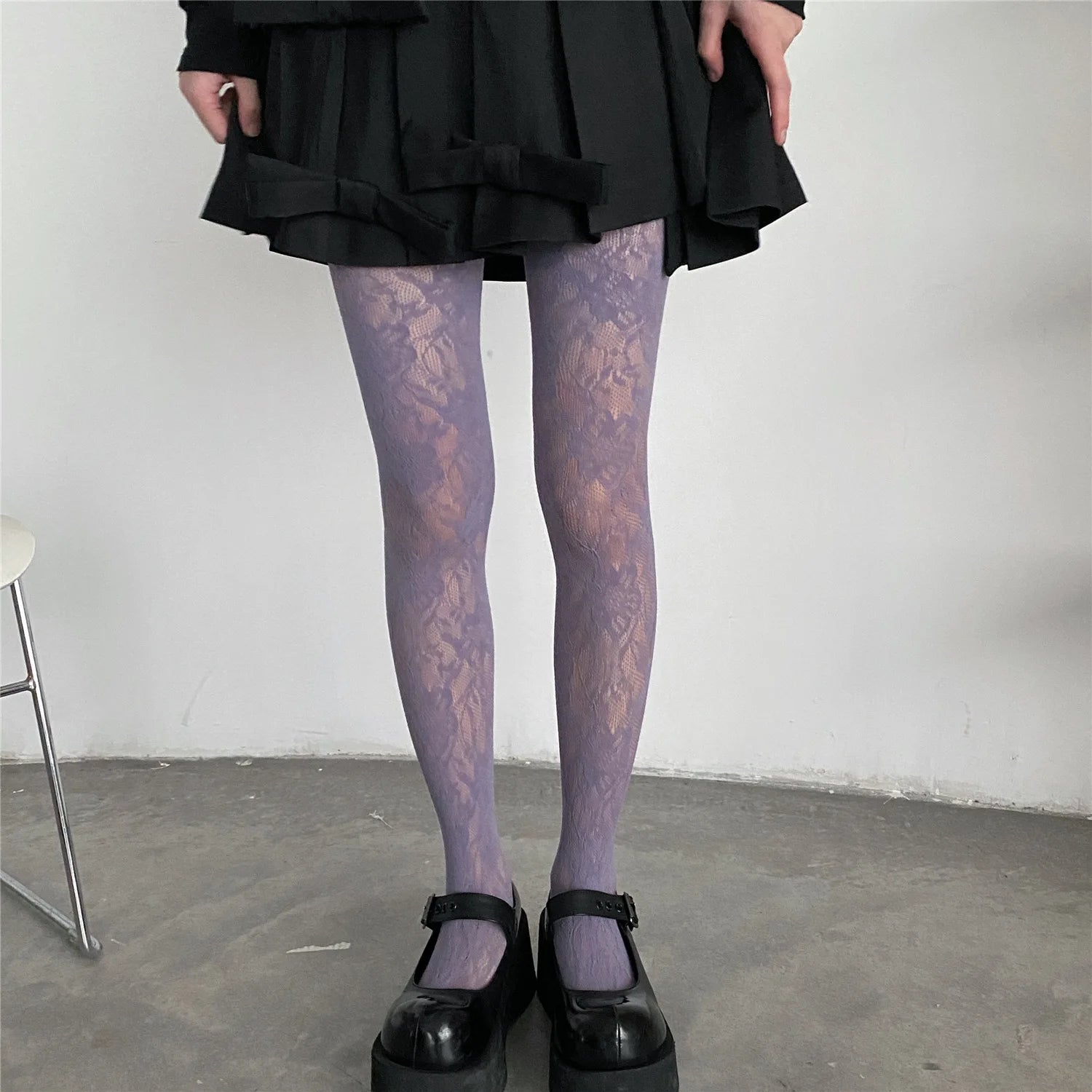 Lolita Floral Thigh-High Fishnet Stockings — Sheer Patterned Hosiery