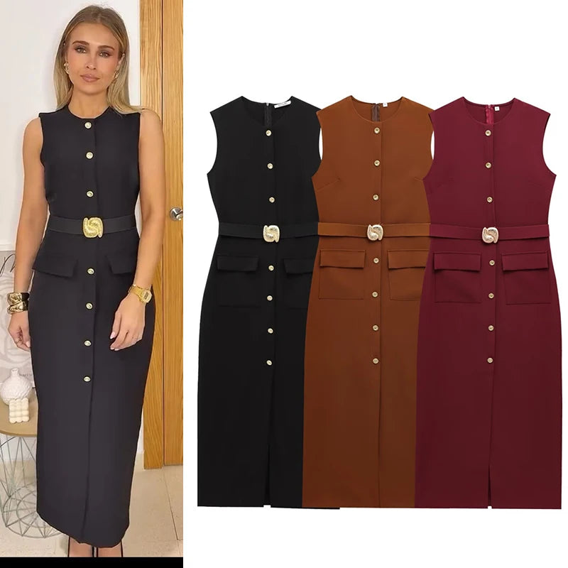 Button-Up Sleeveless Sundress — Slim A-Line Midi Casual Elegant Dress