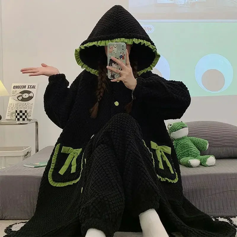 Women's Kawaii Coral Velvet Hooded Pajamas | Thickened Flannel Casual Homewear Suit