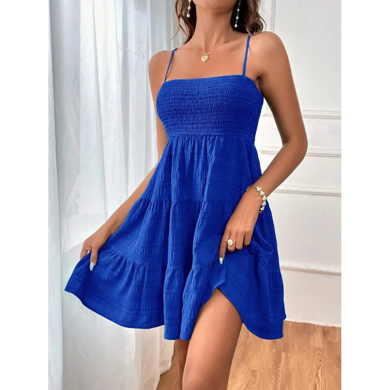 Women's Smocked Bustier Ruffled Tiered Swing Mini Dress – Spaghetti Strap Beach Vacation Dress