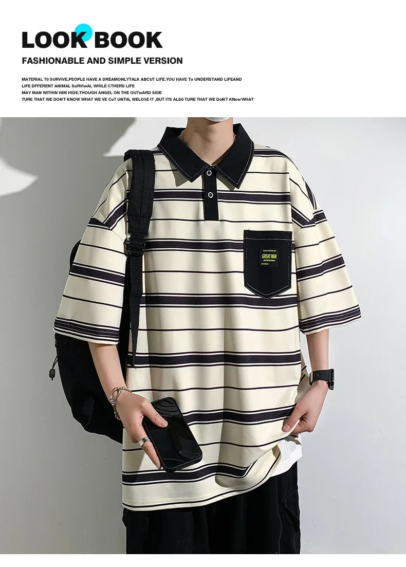 Men's Striped Polo Shirt — Loose Fit Short Sleeve Casual Summer Top