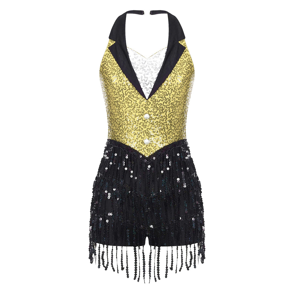 Women's Sequin Dance Dress – Shiny Sleeveless Latin Jazz Tango Salsa Leotard Bodysuit Outfit