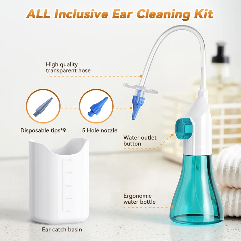 Ear Wax Removal Kit — Manual Ear Irrigation Flushing System with 10 Disposable Tips