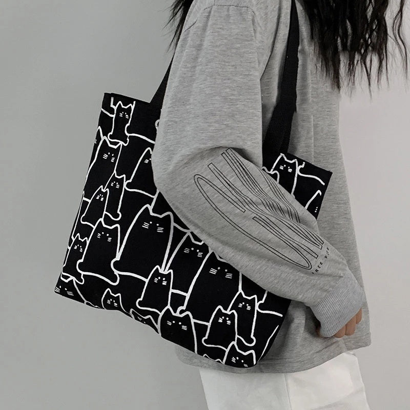 Cute Cat Canvas Tote Bag – Japanese Style Cartoon Shoulder Bag with Zipper for Women
