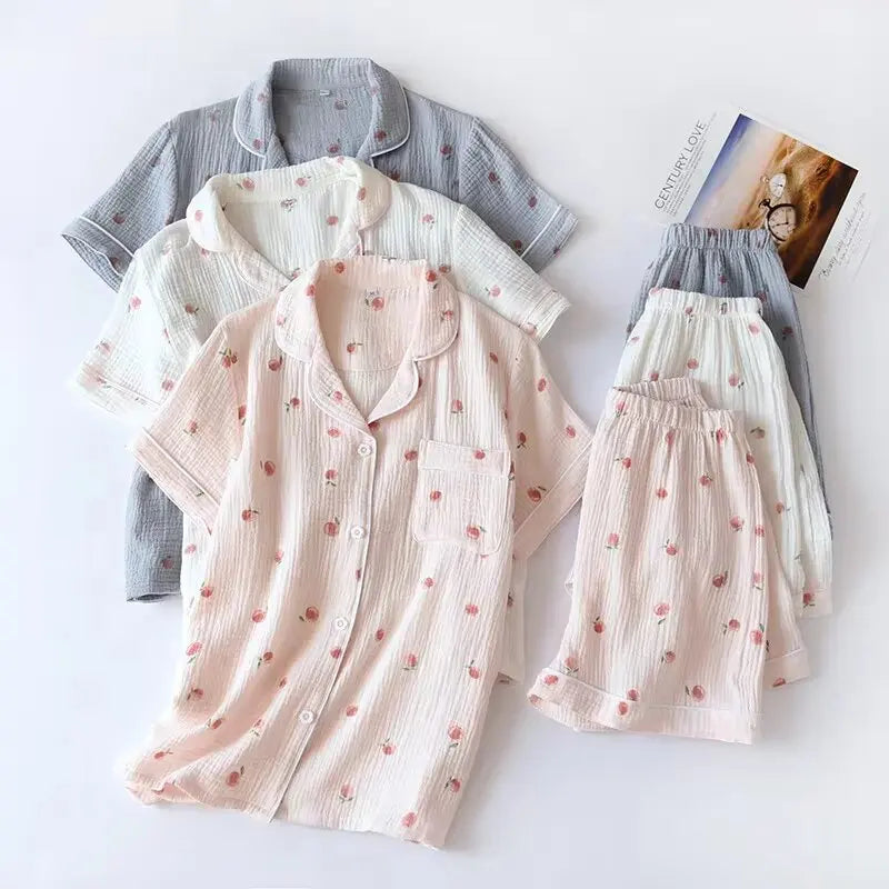 Women's 100% Cotton Short Sleeve Shorts Pajamas Set | Thin Crepe Cloth Spring Autumn Loose Homewear