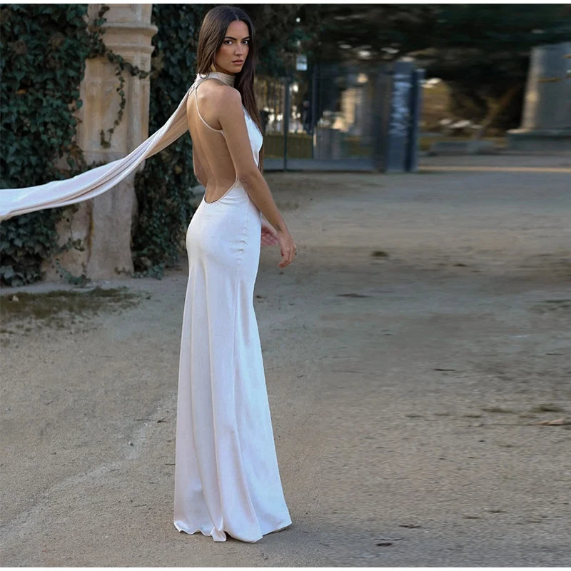 Sexy Satin Halter Backless Party Dress – Off Shoulder Sleeveless Solid Robe Gown 2026