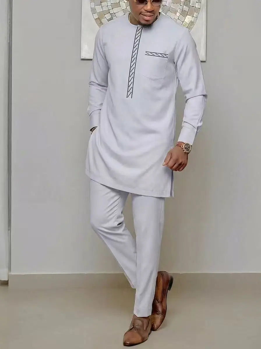 Men's African Kaunda Kaftan Long Sleeve Top & Pants 2-Piece Suit – Traditional Ethnic Wear