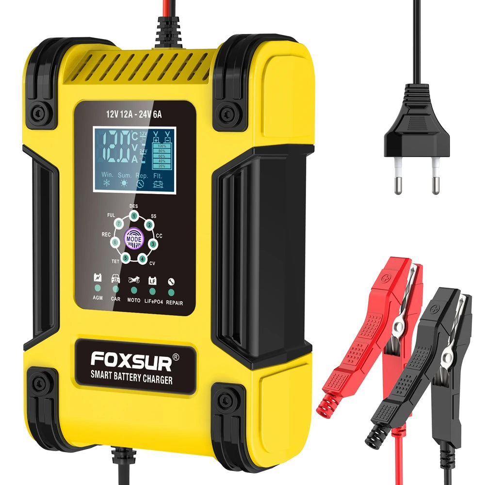 Foxsur Automatic Car Battery Charger 12V 12A – Digital Display Pulse Repair for Wet Dry Lead Acid Batteries