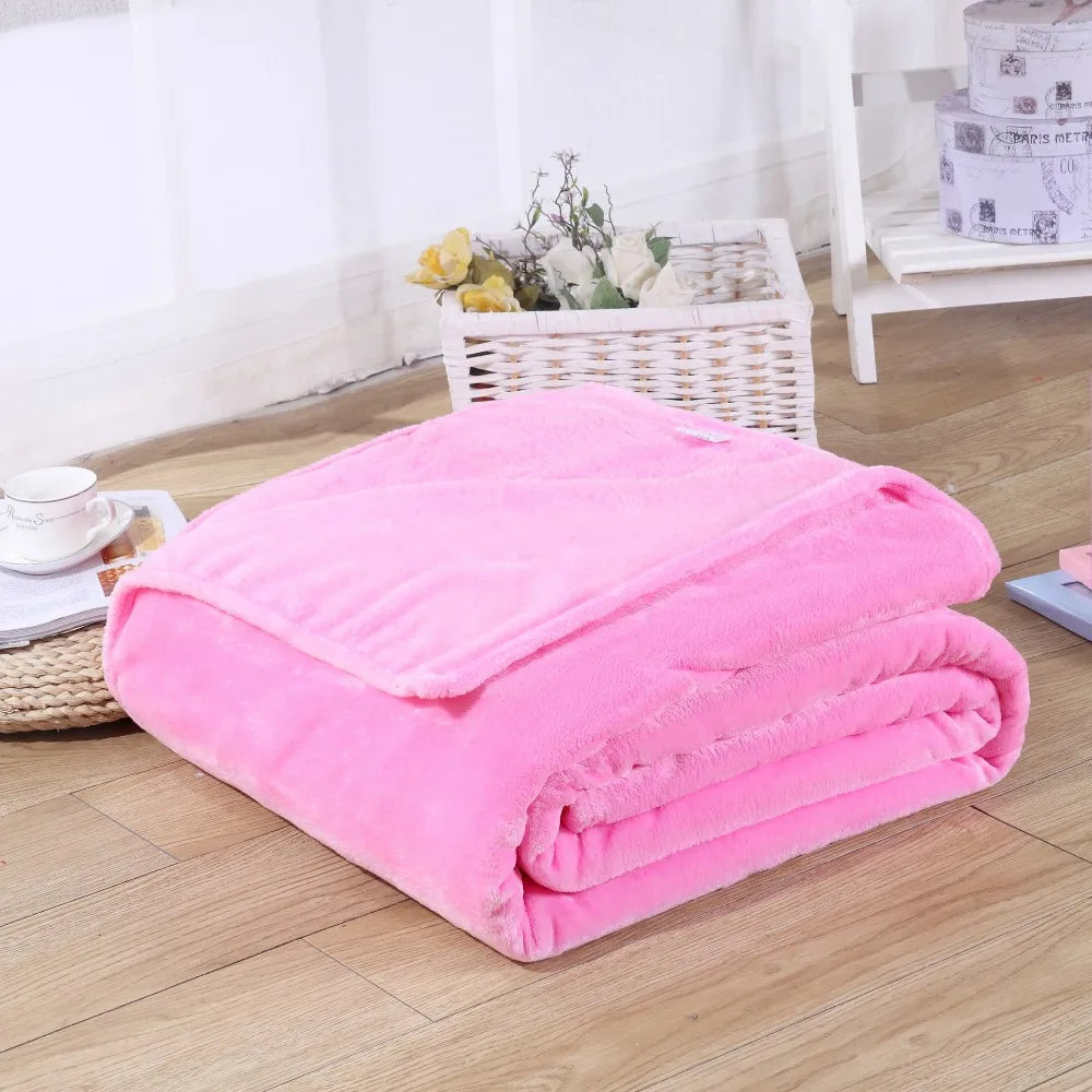 Coral Fleece Flannel Blanket – Solid Blue & Pink Soft Warm Bedspread & Sofa Cover