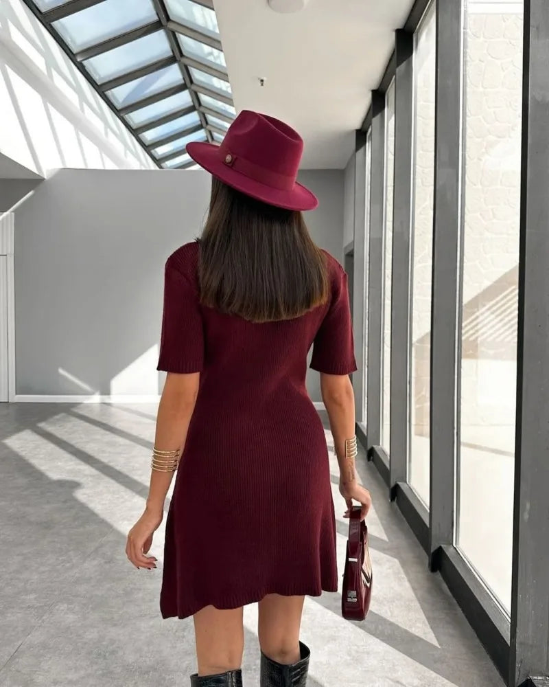 Elegant Knit Rib Mini Dress — High Waist Short Sleeve Bodycon Sweater Dress
