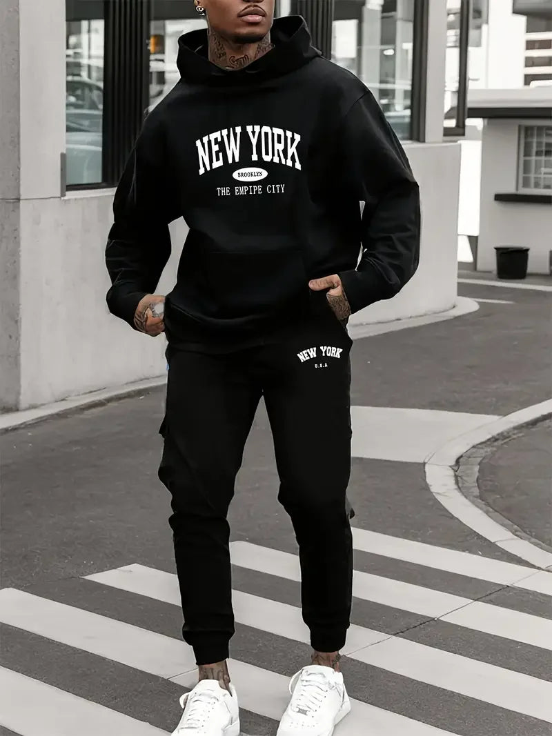 Men's Velvet Thickened New York Letter Print Hoodie & Pants Set – Casual Comfortable Spring Autumn