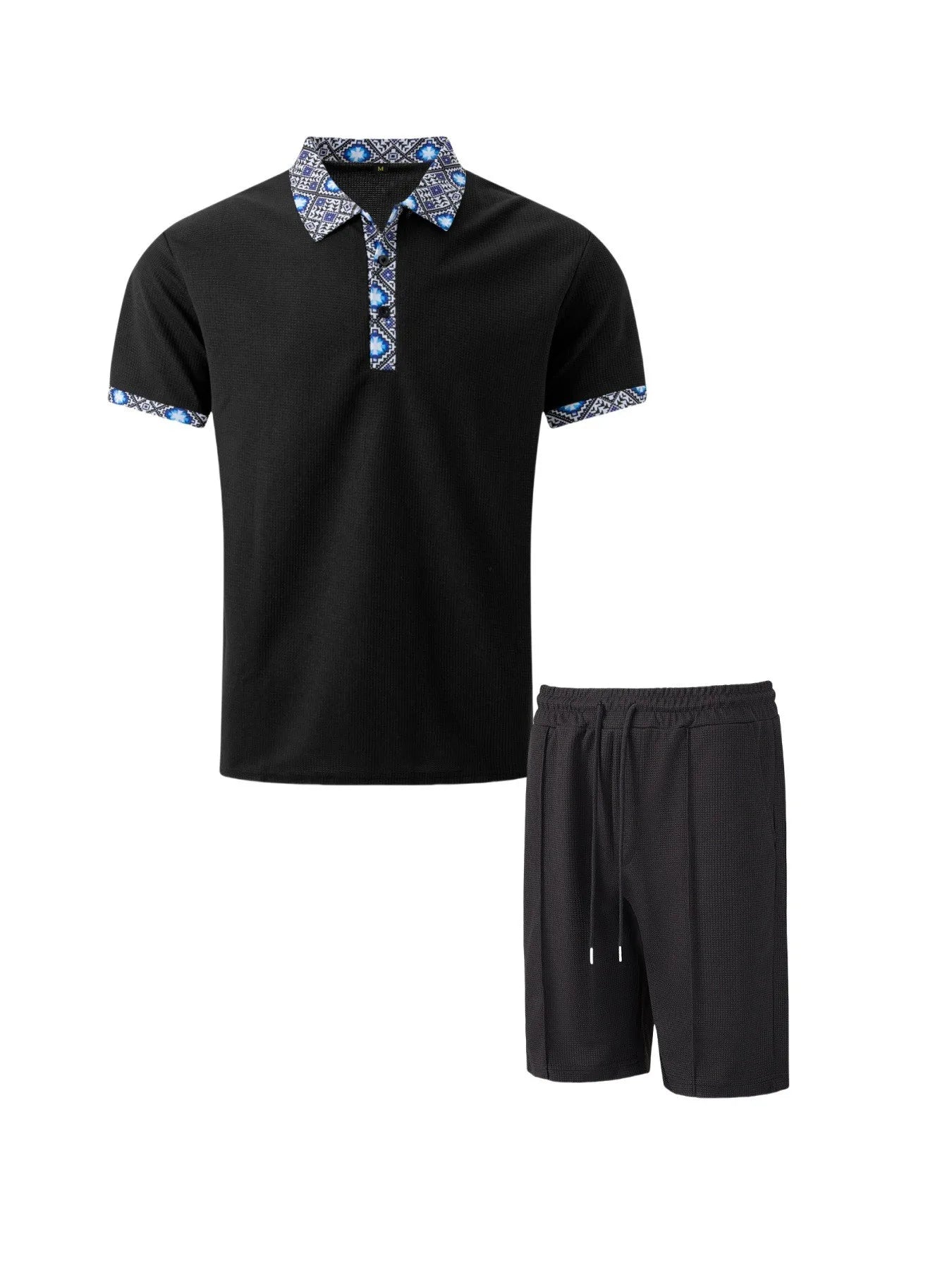 Men's Waffle Solid Color Zip Lapel Short Sleeve & Shorts Set – European Summer 2-Piece Suit