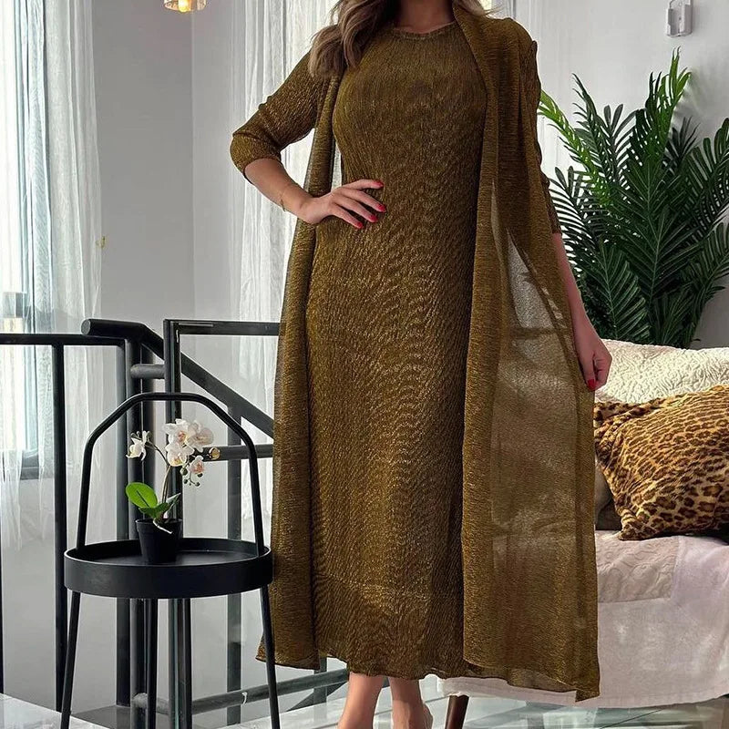 Metallic Pleated Two-Piece Long Dress Set — Casual Loose Ankle-Length Fashion Outfit