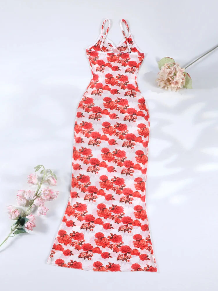 Long Dress Bikini Cover Up | Print Mesh Swimwear, Sexy Floral, Bandage Detail, S-XL