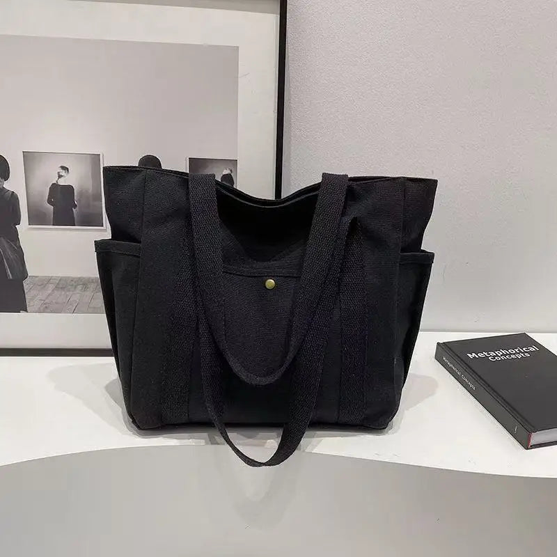 Large Capacity Canvas Tote Bag – College Style Work Commuter Shoulder Bag with Laptop Compartment for Women