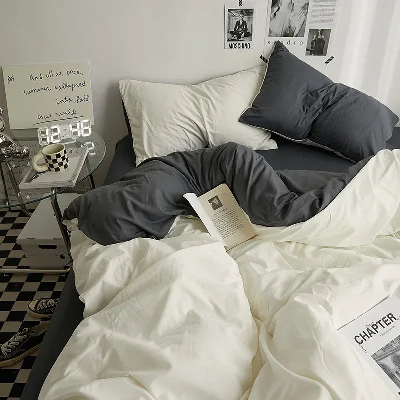 Solid Color Washed Cotton Bedding Set – 4-Piece Duvet Cover, Bed Sheet & Pillowcases, Twin to King