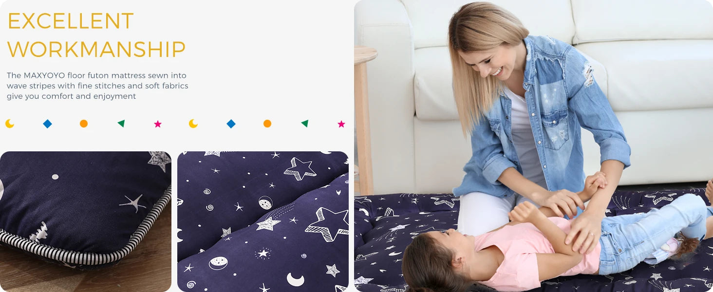 Navy Star Queen Size Foldable Japanese Floor Futon Mattress, Portable Tatami Sleeping Mat for Camping & Indoor Use