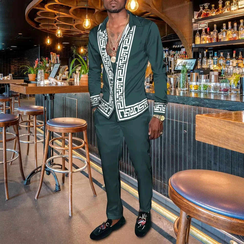 Men's 3D Retro Harajuku Print Long Sleeve Lapel Shirt & Long Pants 2-Piece Set