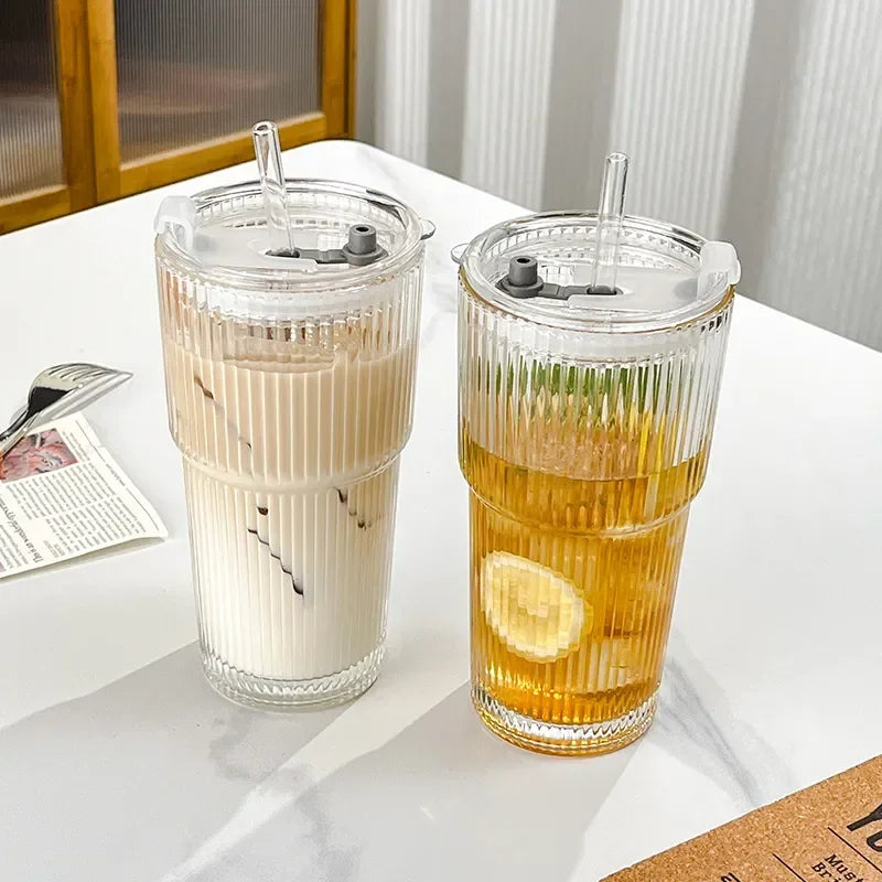 600ml Striped Borosilicate Glass Cup with Lid & Straw – Clear Iced Coffee & Smoothie Glass, CE Certified