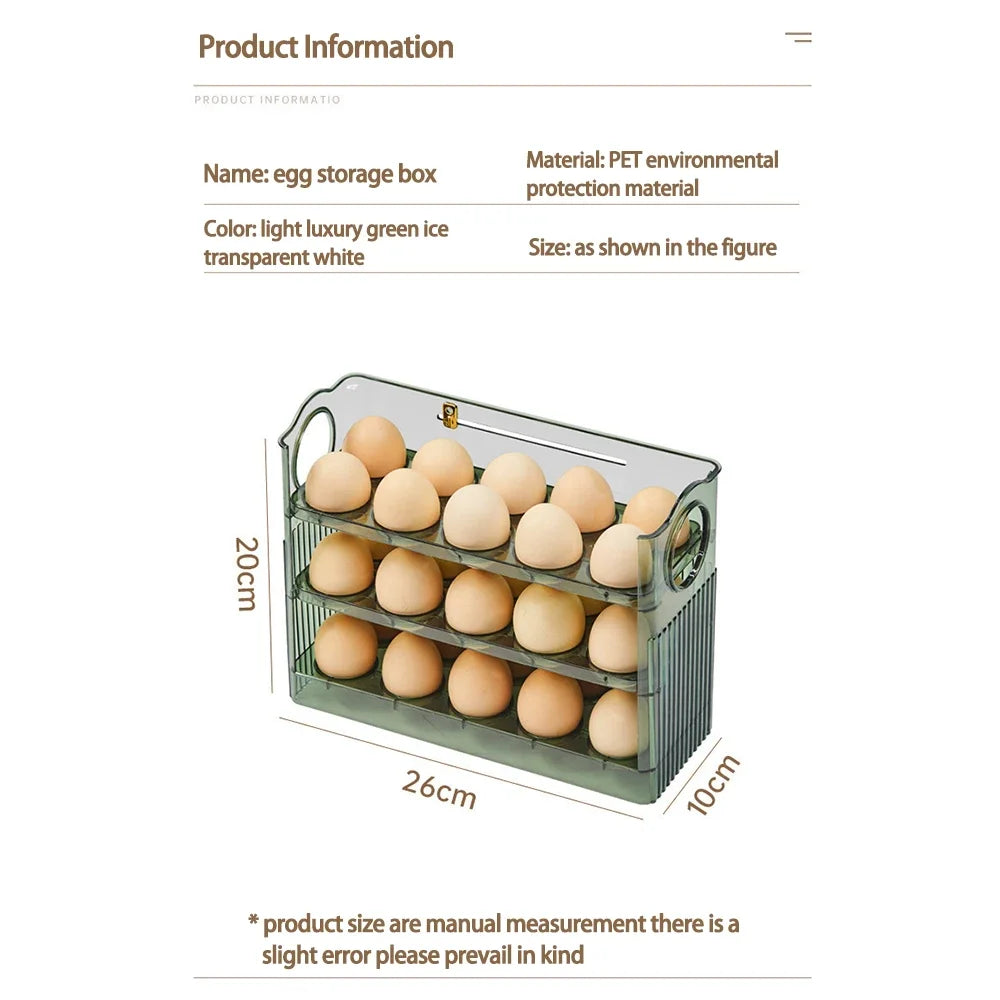3-Layer Flip Egg Storage Box for Refrigerator – Holds 30 Eggs, Space-Saving Fridge Door Organizer