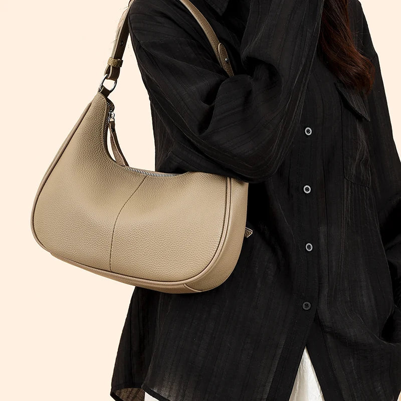 100% Genuine Cowhide Leather Half-Moon Underarm Tote Bag – Crossbody Shoulder Bag for Women