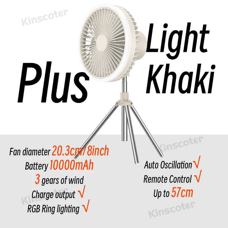 10000mAh Camping Fan – Rechargeable Portable Wireless Ceiling Fan with Power Bank & LED Lighting Tripod