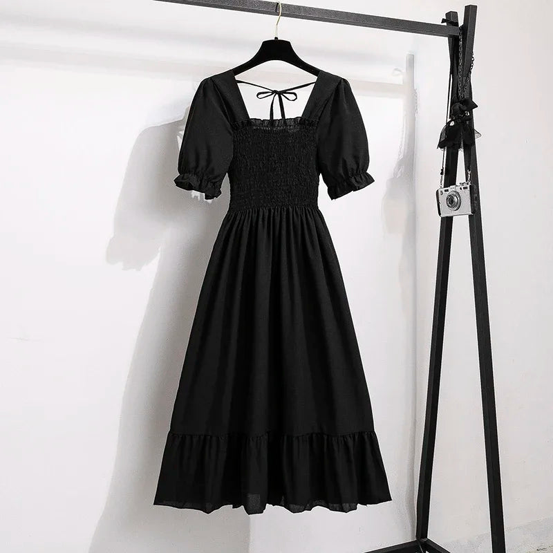 Chiffon A-Line Midi Dress — Elastic Waist Short Sleeve Casual Dress