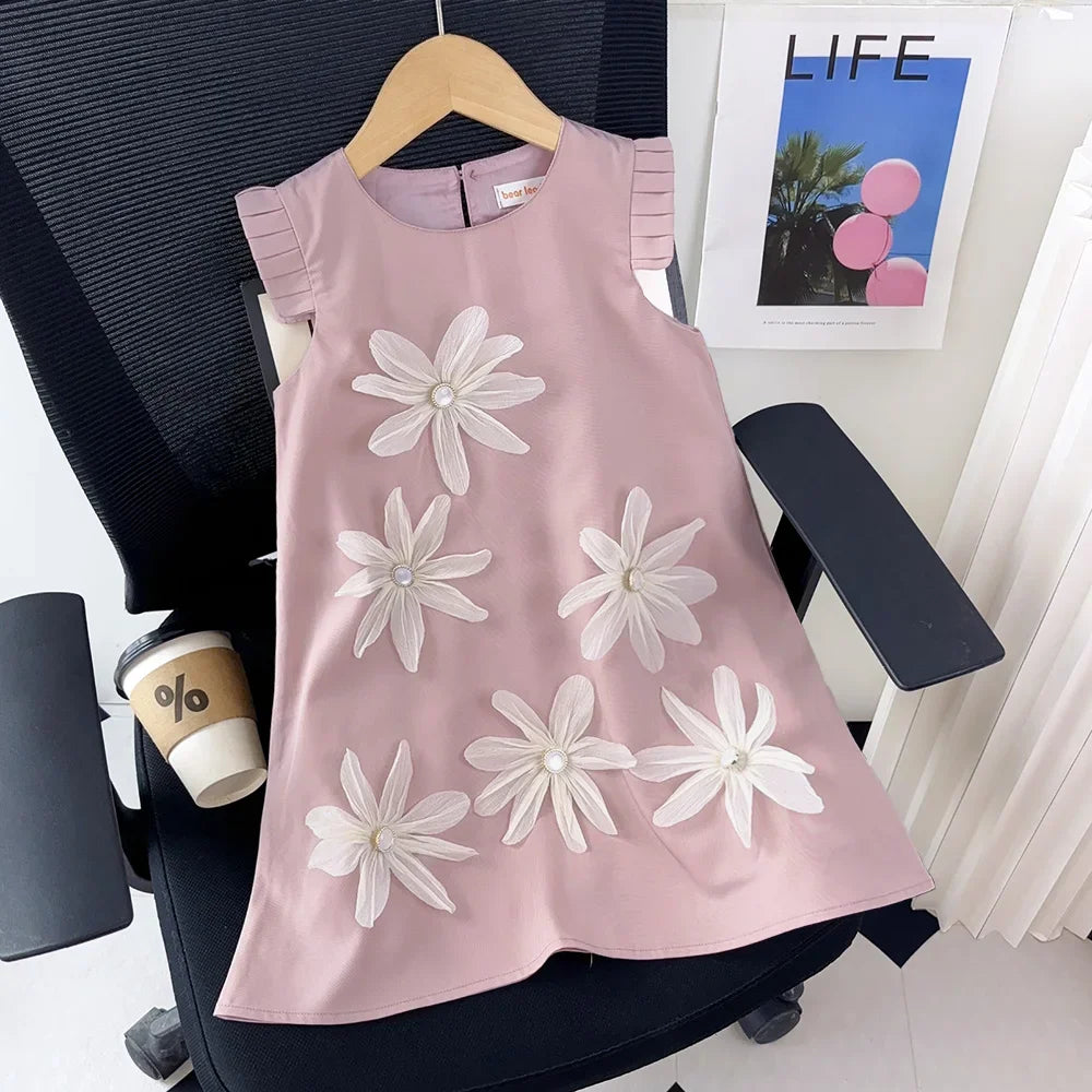 Girls 3D Flower Princess Dress — Elegant Wedding & Party Dress (2–7 Years)