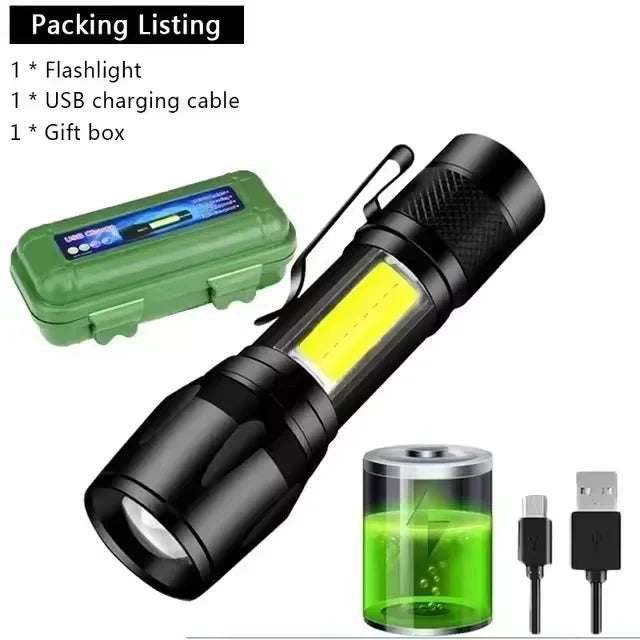 COB+XPE Mini Zoomable Flashlight – 350 Lumen, 3-Mode, USB Rechargeable, Pen Clip, Waterproof Camping Torch