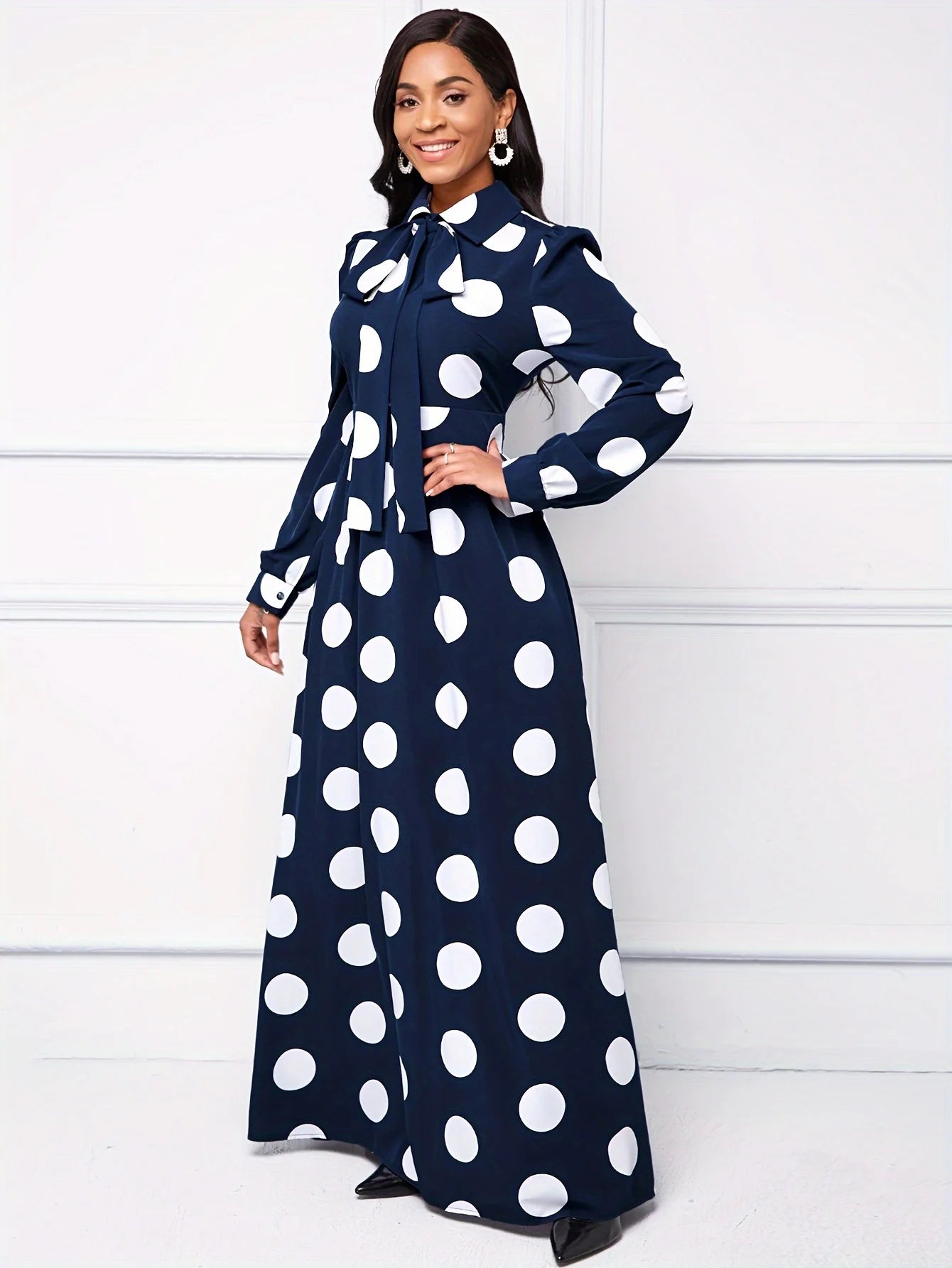 Bow Knot Polka Dot Maxi Dress — Long Sleeve Elegant Casual Lady Dress