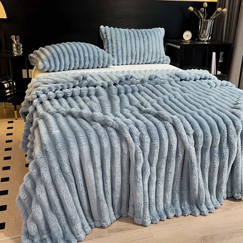 Thickened Wide Stripe Plush Flannel Multifunctional Blanket – Bed Sheet, Sofa & Nap Cover, 7 Colors & 5 Sizes