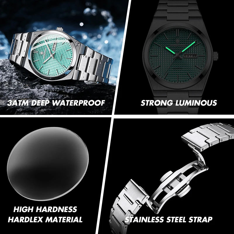 PAAZOMU Men's Luxury Waterproof Quartz Watch | Luminous Date Week Stainless Steel Sport Wristwatch