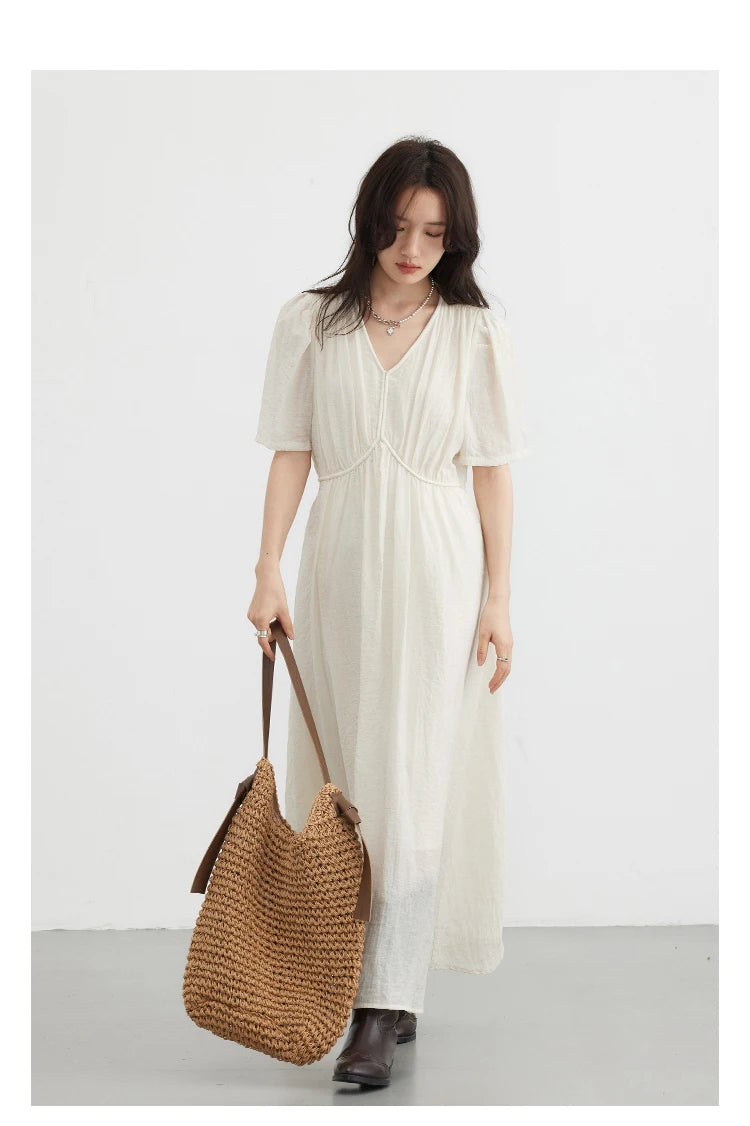 CHIC VEN Women Dresses French Style Vintage V-neck Puff Sleeve Long Dress Solid Black Loose Female Clothing Summer New 2023