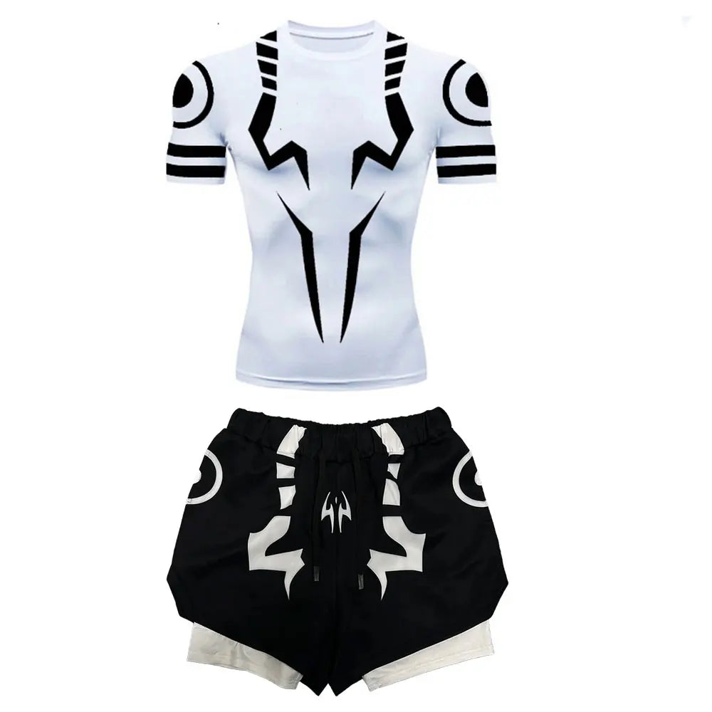 Anime Jujutsu Kaisen 3D Compression Shirt & Gym Shorts – Quick Dry Running Workout Sportswear